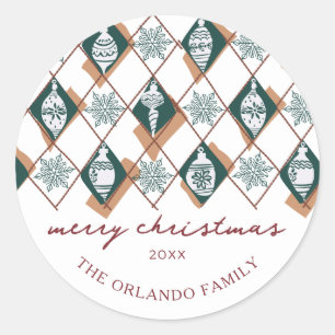 Modern Botanical Red Green Family Merry Christmas Classic Round Sticker