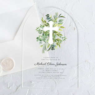 Modern Botanical Religious Cross Baptism Acrylic Invitations