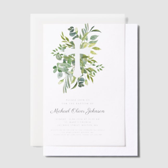 Modern Botanical Religious Cross Baptism Vellum Invitations (Offset)