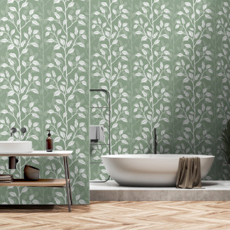 Modern Botanical Rising Leaves Sage Green Wallpaper