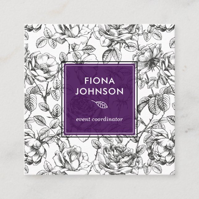 Modern Botanical Rose Black and White Purple Hint Square Business Card (Front)