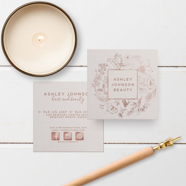 Modern Botanical Rose Gold Blush Pink Square Business Card (Creator Uploaded)