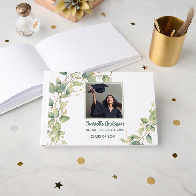 Modern Botanical Sage Graduate Photo Guest Book (Front Open)