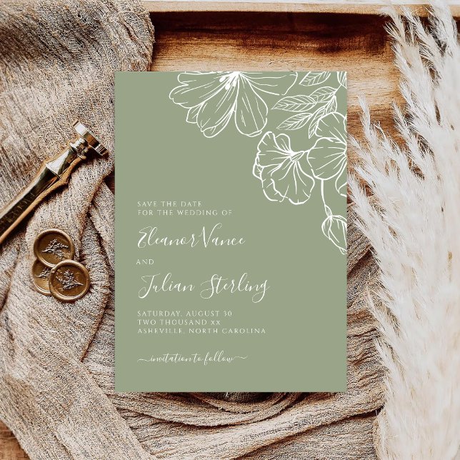 Modern Botanical Sage & White Line Art Save The Date (Creator Uploaded)