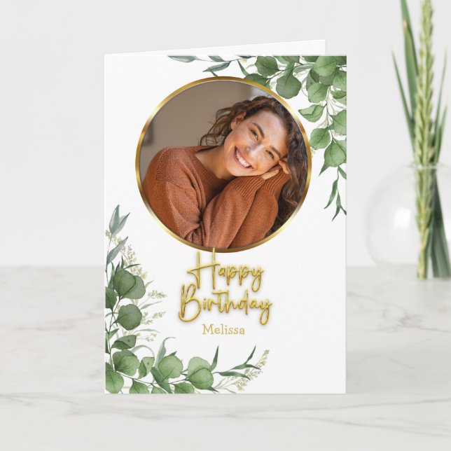 Modern Botanical Script Circle Photo Birthday Card (Front)