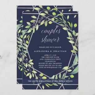 Modern Botanical Silver and Blue Couples Shower Invitation
