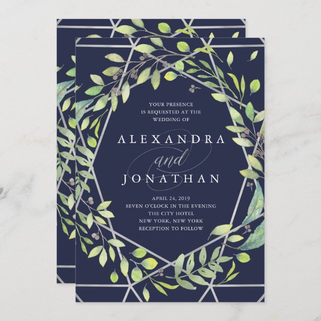 Modern Botanical | Silver Look Wedding Invitation (Front/Back)