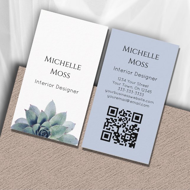 Modern Botanical Succulent QR code Greenery Business Card (Creator Uploaded)