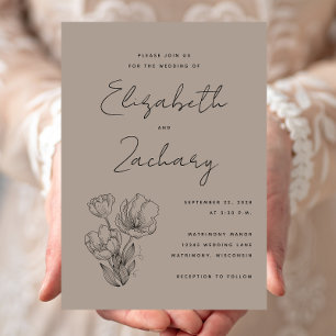 Modern Botanical Taupe Black Wedding Invitation