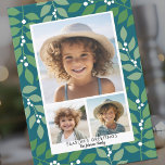 Modern botanical teal green - 3 photo holiday card<br><div class="desc">Use 3 pictures and make a unique and trendy Holiday greeting with a simple,  minimal eucalyptus leaf pattern on the back. If you need to move anything around,  click on the customise button to make changes.</div>