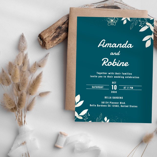 Modern Botanical Teal Wedding Invitation (Creator Uploaded)