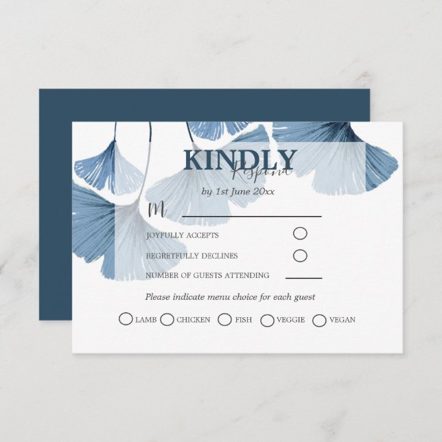 Modern Botanical Watercolor Blue Gingko Wedding  RSVP Card (Front/Back)