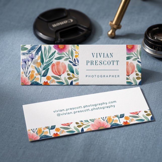 Modern Botanical Watercolor Design Mini Business Card (Simulated business cards on table)