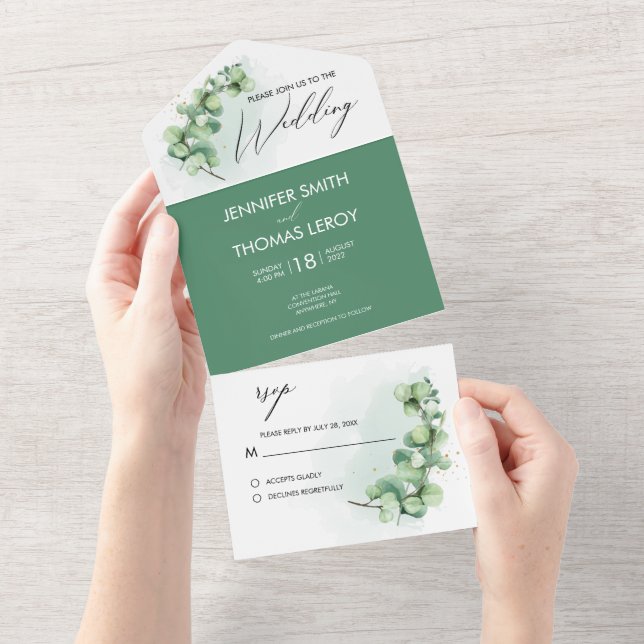 Modern Botanical Watercolor Eucalyptus Wedding All In One Invitation (Tearaway)