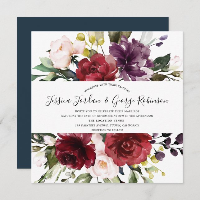 Modern Botanical Watercolor Floral Wedding Invitation (Front/Back)