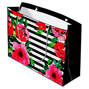 Modern Botanical Watercolor Garden Blooms & Stripe Large Gift Bag