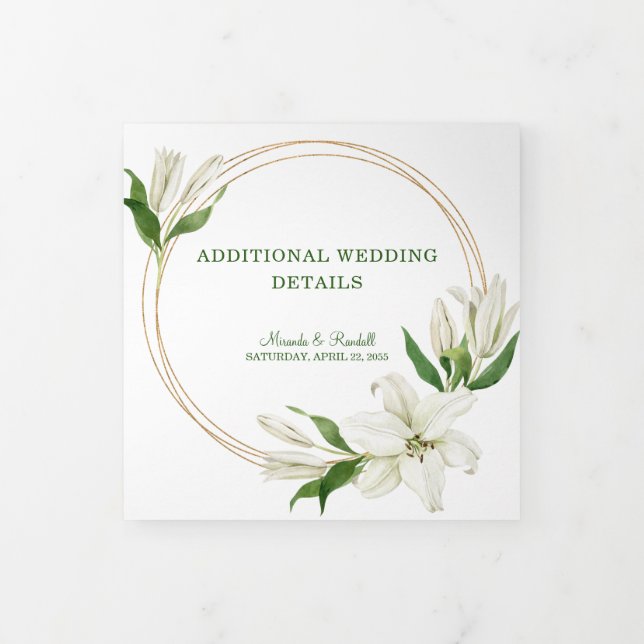 Modern Botanical | White Lily Wedding Details Tri- Tri-Fold Card (Cover)