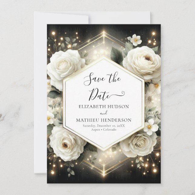 Modern Botanical White Roses Wedding Save The Date (Front)