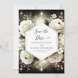 Modern Botanical White Roses Wedding Save The Date