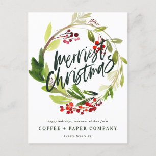 Modern botanical wreath chic elegant corporate holiday postcard