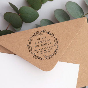 Modern Botanical Wreath & Couples Names Address Self-inking Stamp