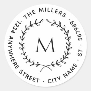 Modern Botanical Wreath Family Name Return Address Classic Round Sticker