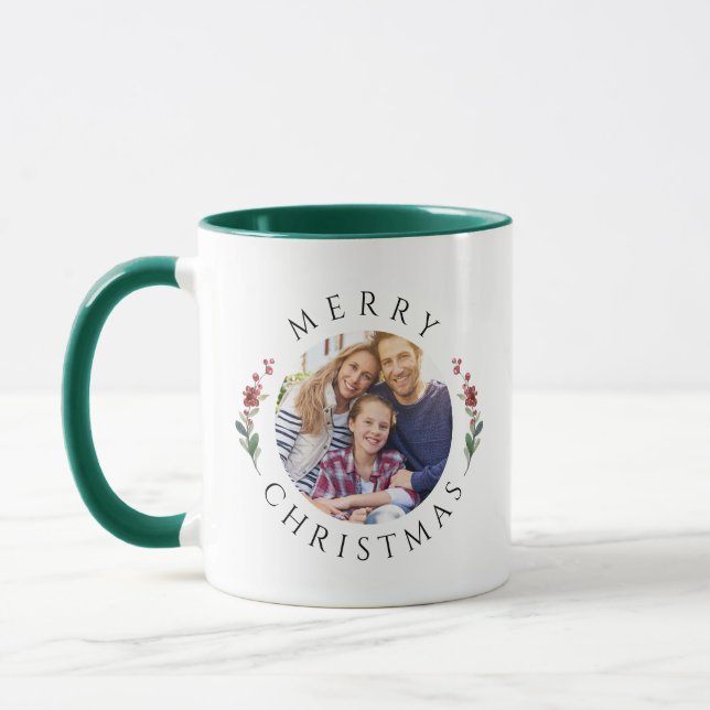 Modern Botanical Wreath Photo Christmas Mug (Left)