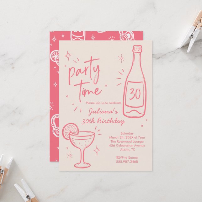 Modern Bottle & Cocktail 30th Birthday Invitation (Front/Back In Situ)