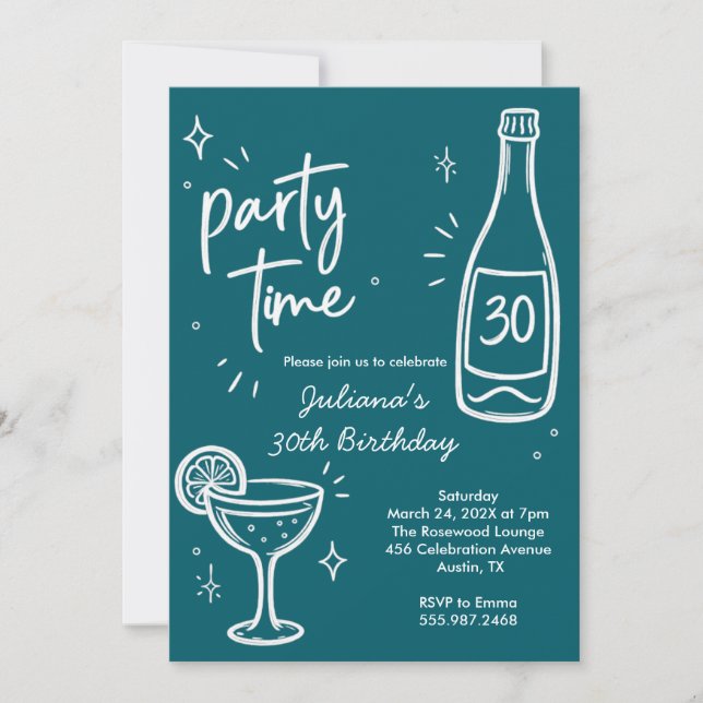 Modern Bottle & Cocktail 30th Birthday Invitation (Front)