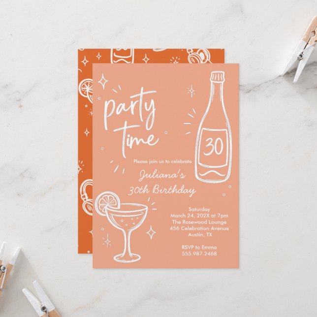 Modern Bottle & Cocktail 30th Birthday Invitation (Front/Back In Situ)