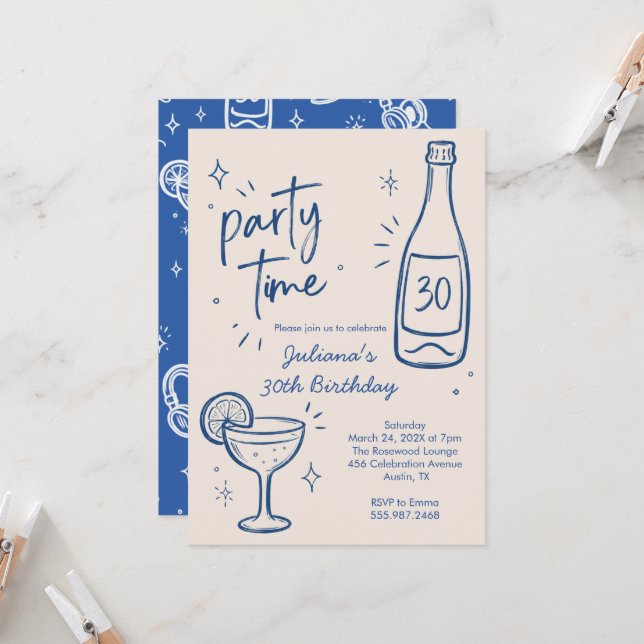 Modern Bottle & Cocktail 30th Birthday Invitation (Front/Back In Situ)