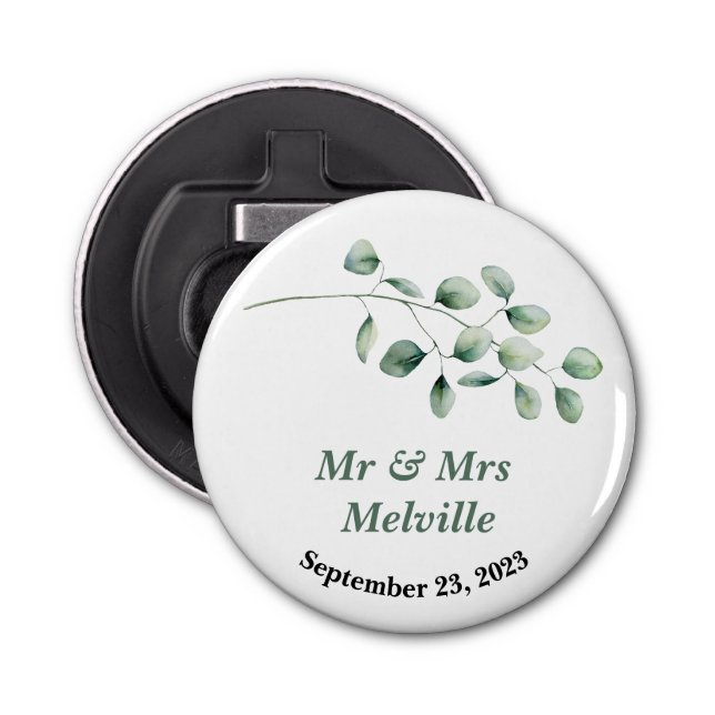 Modern bottle opener wedding favour eucalyptus  (Front)