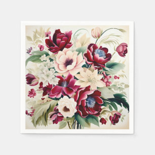 Modern Bouquet Of Burgundy Blooms And Green Leaves Napkin