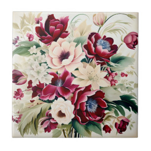 Modern Bouquet Of Burgundy Blooms And Green Leaves Tile