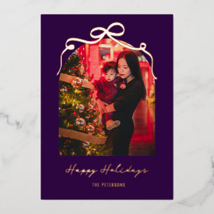 Modern Bow Arch Purple Christmas Photo Rose Gold