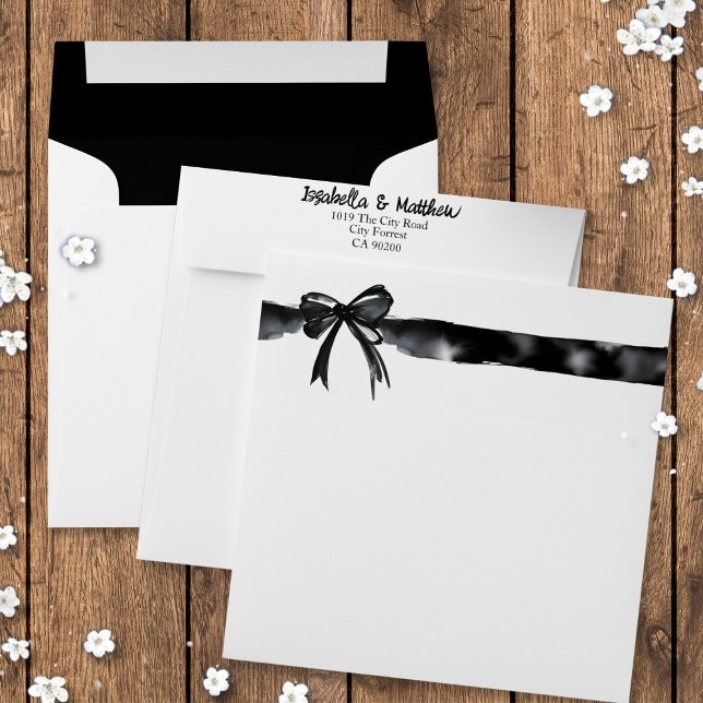 Modern Bow Black and White Watercolor Chic Wedding Envelope (Modern Bow Black and White Watercolor elegant Wedding Envelope simple stylish trendy trying the knot)