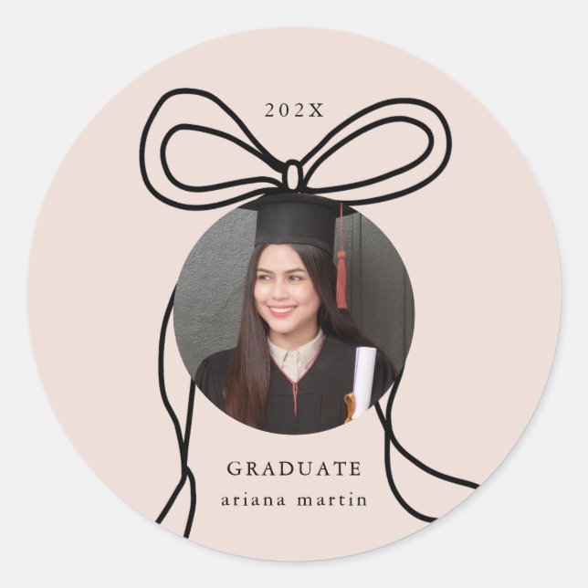 Modern Bow Blush Photo Graduation Classic Round Sticker (Front)