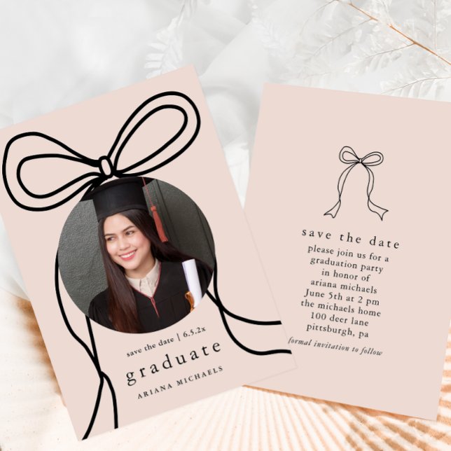 Modern Bow Blush Photo Graduation Save the Date Announcement (Creator Uploaded)