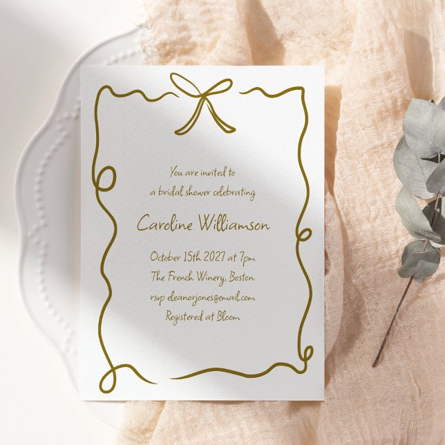 Modern Bow Border Gold Handwritten Bridal Shower Invitation (Creator Uploaded)
