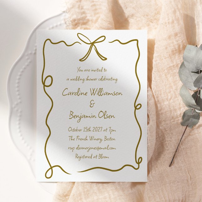 Modern Bow Border Gold Handwritten Wedding Shower Invitation (Creator Uploaded)
