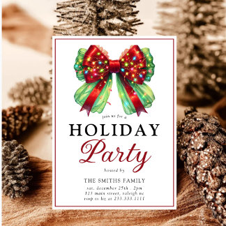 Modern Bow Christmas Lights Holiday Party Invitation