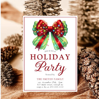 Modern Bow Christmas Lights Holiday Party Invitation