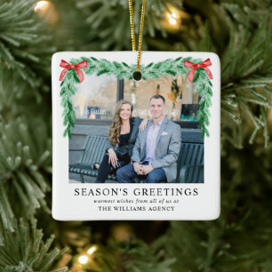 Modern Bow Corporate Photo Business Christmas  Ceramic Ornament