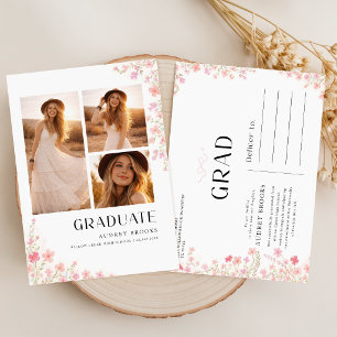 Modern Bow Floral Photo Graduation Announcement Postcard
