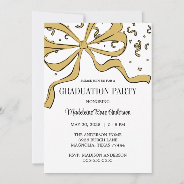 Modern Bow Gold Graduation Invitation (Front)