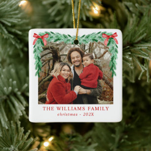 Modern Bow Merry Christmas Family Photo Ceramic Ornament