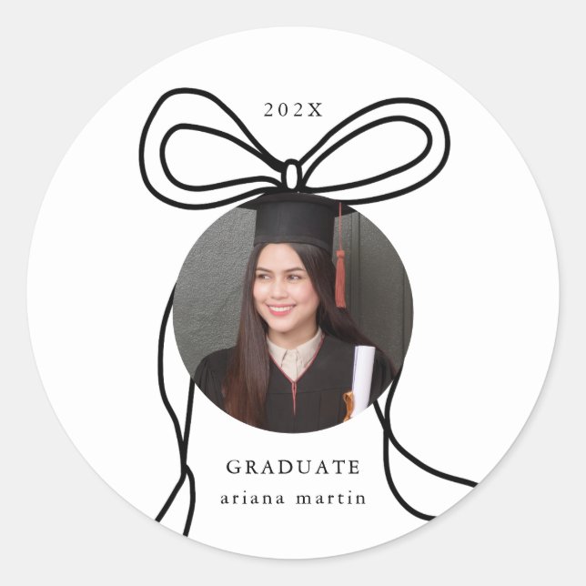 Modern Bow Photo Graduation Classic Round Sticker (Front)