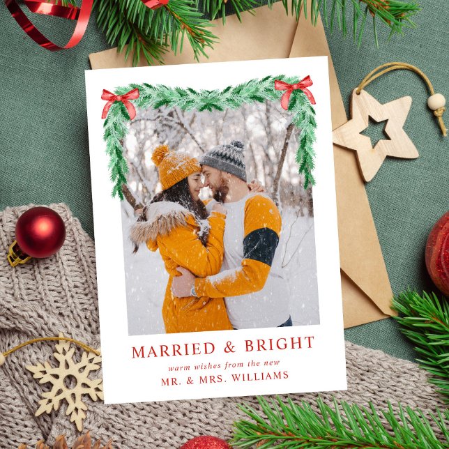 Modern Bow Photo Marrried & Bright Christmas Holiday Card (Creator Uploaded)