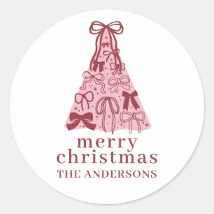 Modern Bow Pink Christmas Tree Classic Round Sticker