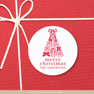 Modern Bow Pink Red Christmas Tree Classic Round Sticker